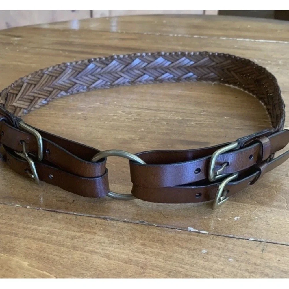 Old Navy Brown Woven Leather Belt Women S/M Double Buckle Basket Weave Boho